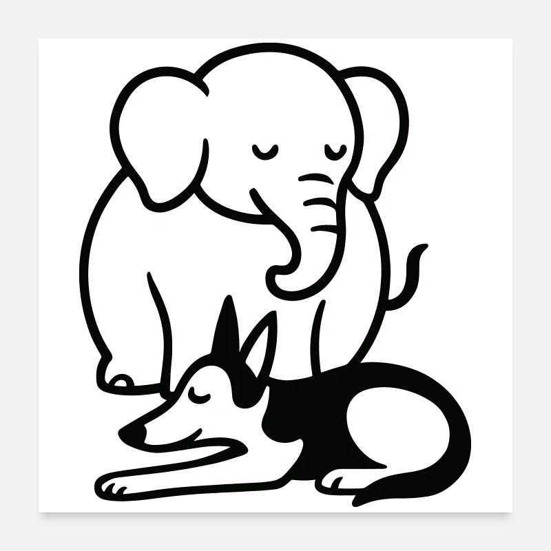 Éléphant et chien dormant Poster 60 x 60 cm