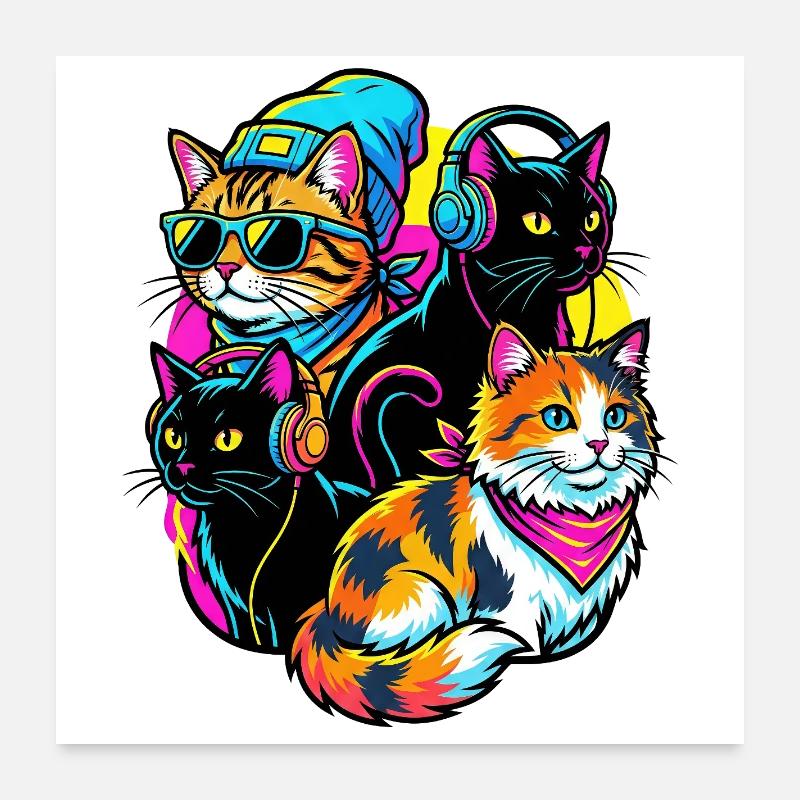 Neon Katzen DJ-Quartett Poster 60x60 cm
