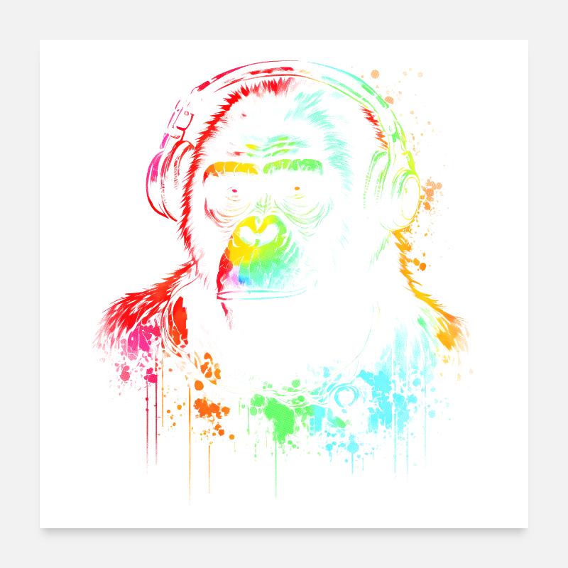 Regenbogen Gorilla Kopfhörer - Poster 60x60 cm - Weiß