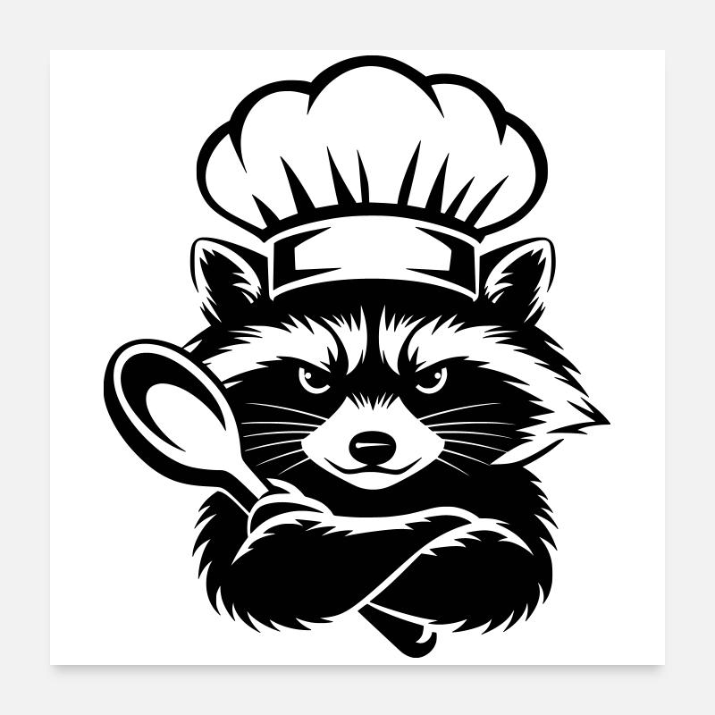 Raton laveur drôle avec chapeau de chef et cuillère - Poster 60 x 60 cm - blanc