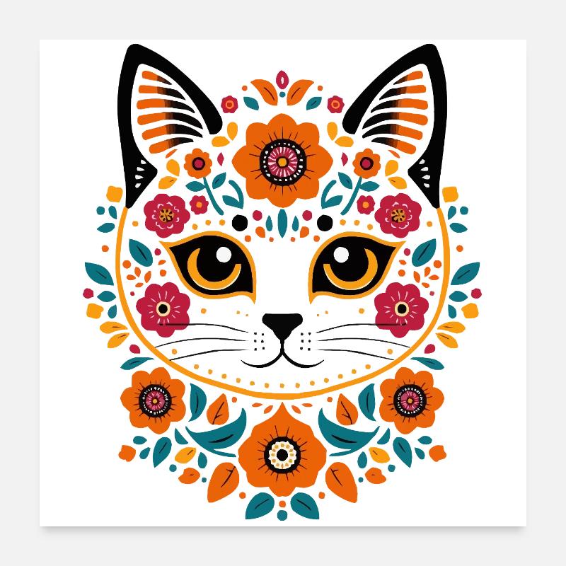 Chat fleur dans le style folklorice Poster 60 x 60 cm