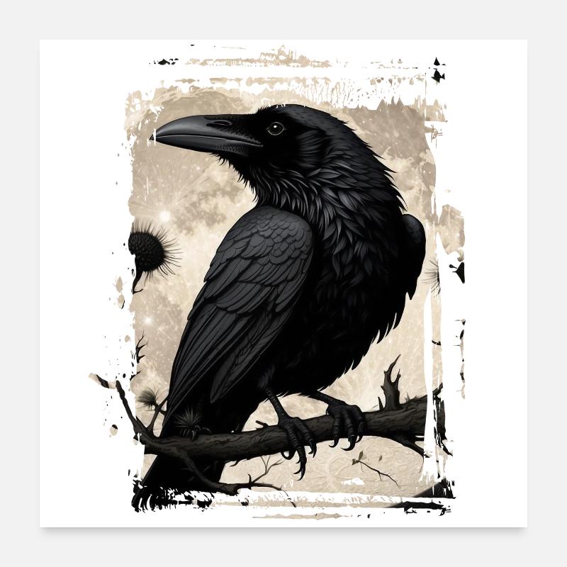 Corbeau sur branche devant la pleine lune Poster 60 x 60 cm