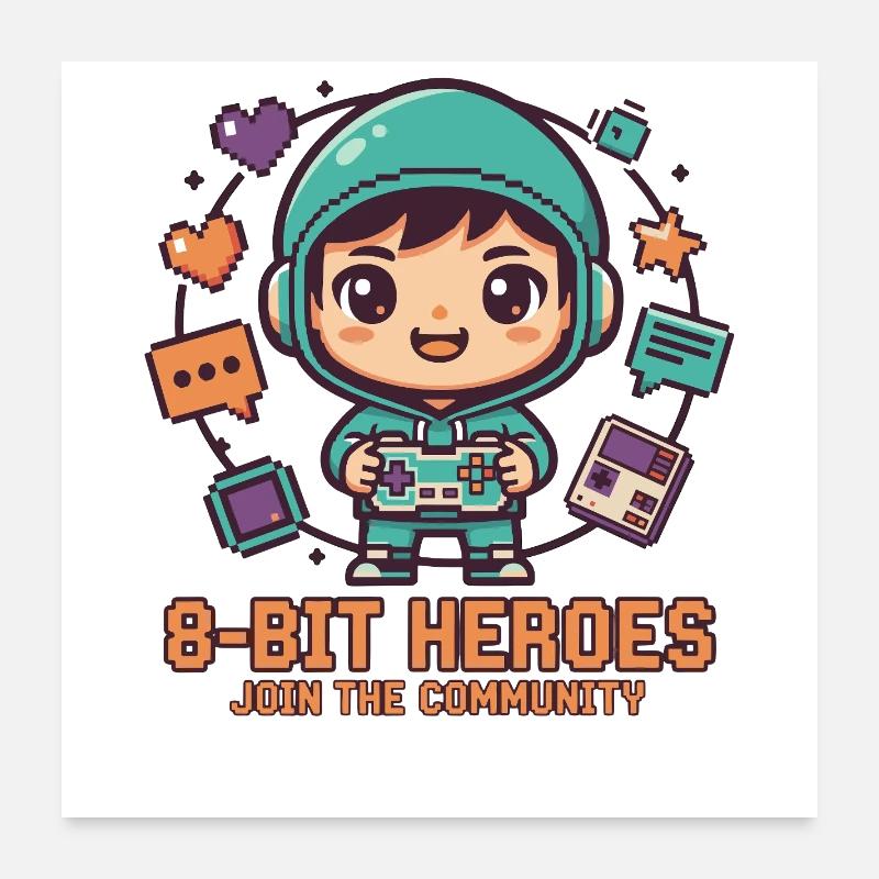 8-BIT HEROES | Gaming Retro Chibi Community Pixel Poster 60x60 cm