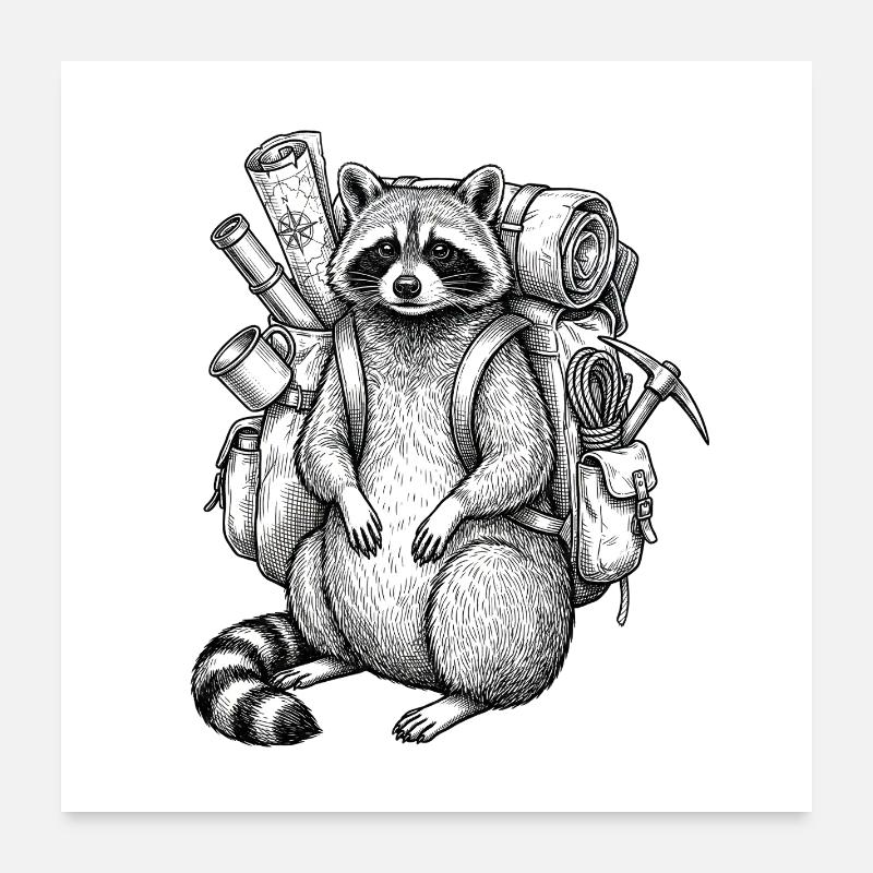 Wander-Waschbär mit Rucksack Poster 60x60 cm