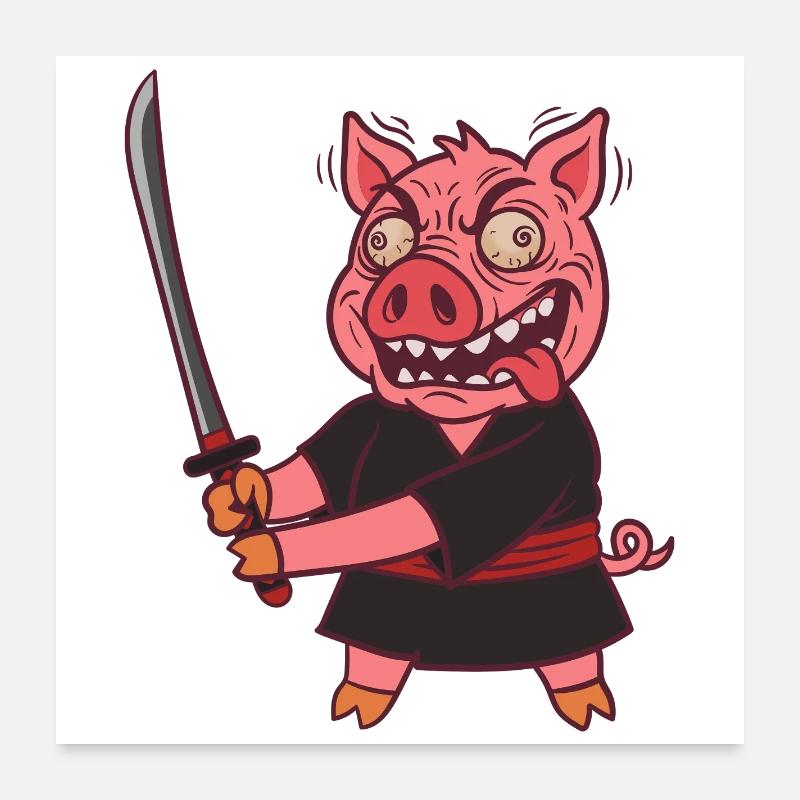 Porc Samouraï Fou avec une Épée Poster 60 x 60 cm