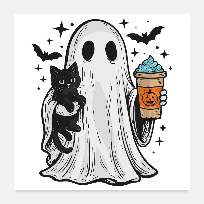 Halloween-Geist mit Katze und Kaffee Poster 60x60 cm