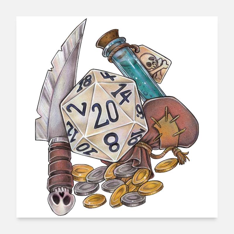 Vol de cadeaux de dés D20 sur table RPG Poster 60 x 60 cm