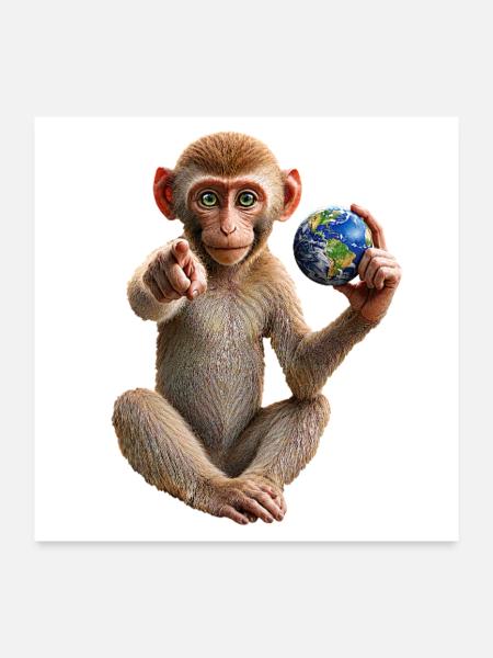 Affe-mit-Erdkugel - Poster 60x60 cm - Weiß - Vorne