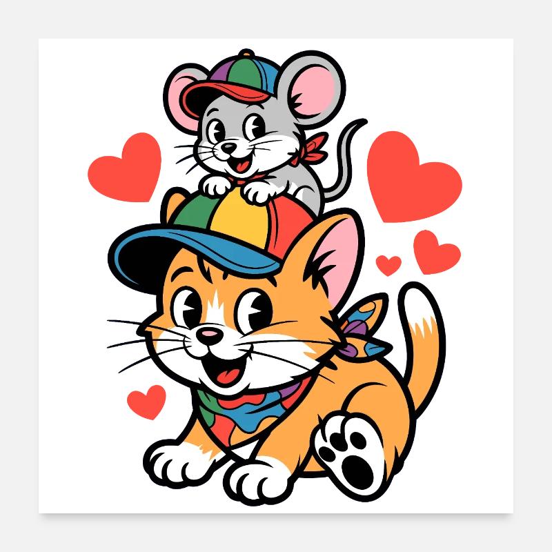 Katze und Maus Freundschaft mit Herz - Poster 60x60 cm - Weiß