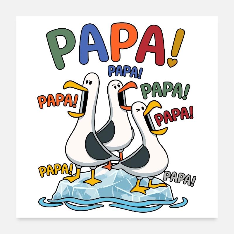 Lustige Papa Möwen auf Eisscholle - Comic Design Poster 60x60 cm