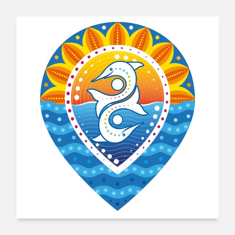 Local, coucher de soleil, soleil, vagues, dauphins Poster 60 x 60 cm