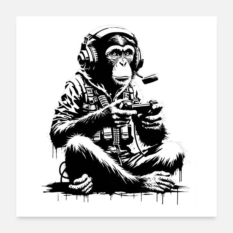 Futuristic monkey with gaming equipment Poster 24" x 24" (60x60 cm)