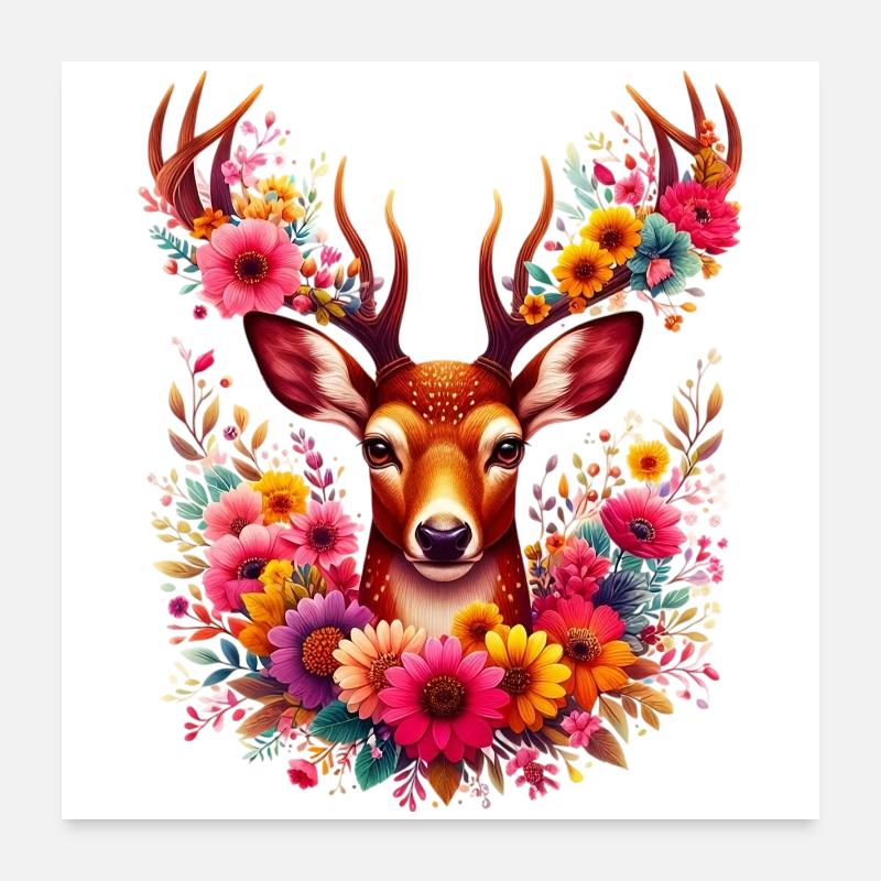 Cerf décoré de fleurs Poster 60 x 60 cm