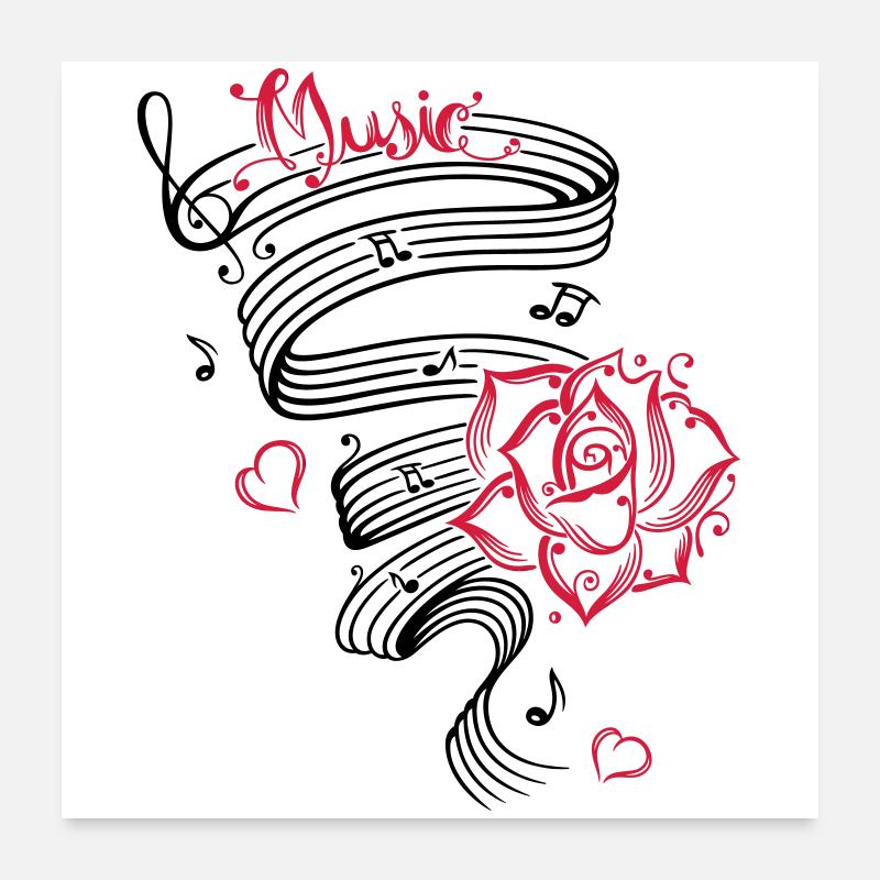 Musik, großes Notenblatt mit Rose - Poster 60x60 cm - Weiß