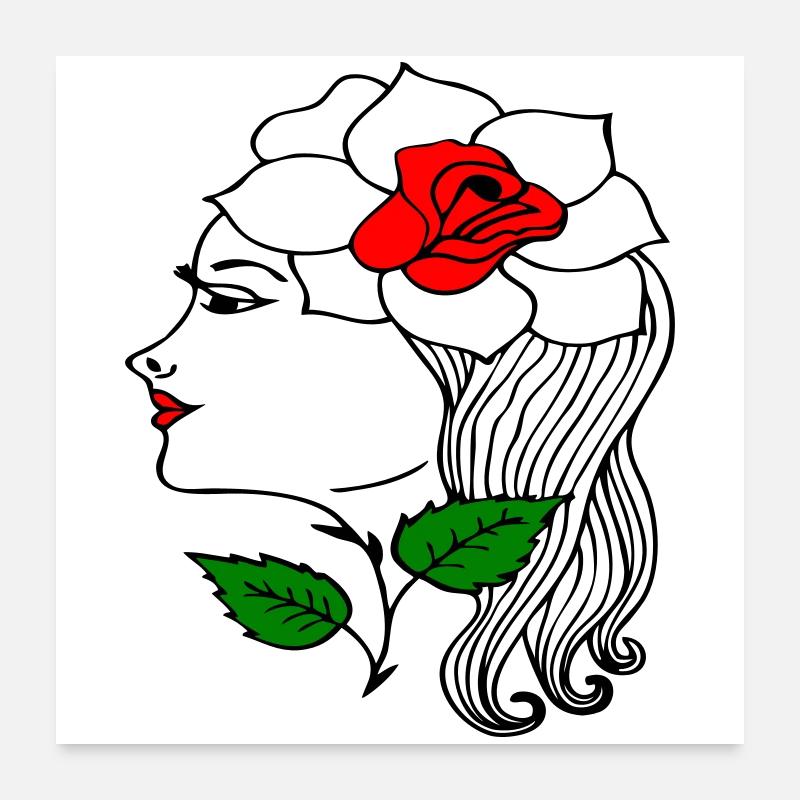 Frauenkopf mit Rose im Haar - Poster 60x60 cm - Weiß