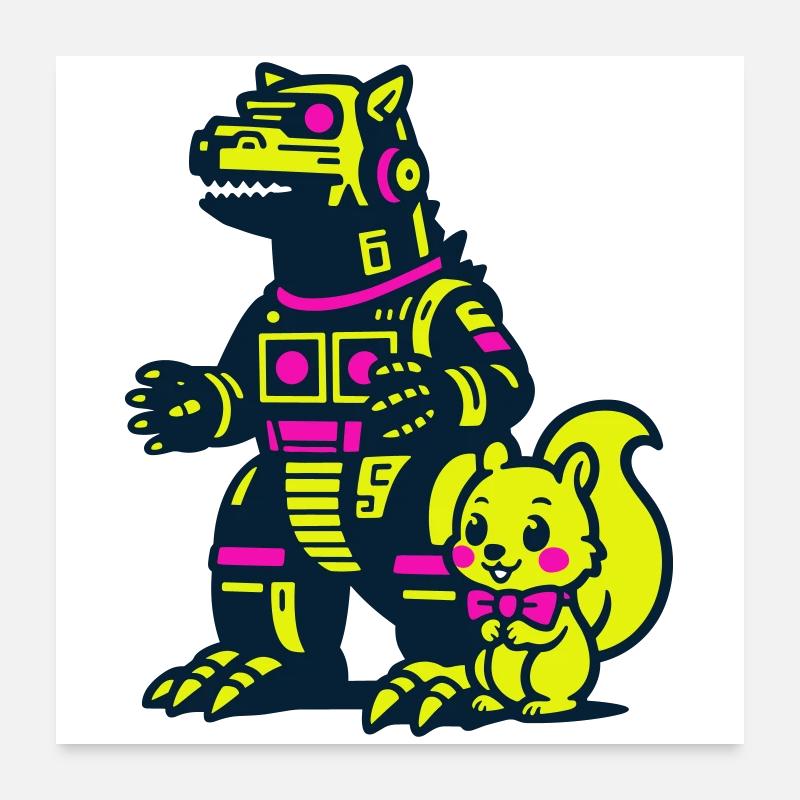 Mecha Drache mit Eichhörnchen Poster 60x60 cm