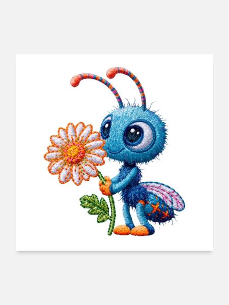 Biene im Stickerei-Look Blume Geschenk - Poster 60x60 cm - Weiß - Vorne