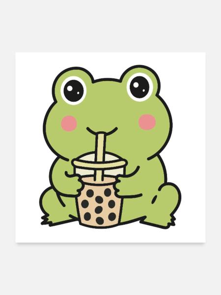 Süßer Kawaii-Frosch trinkt Bubble Tea Aufkleber - Poster 60x60 cm - Weiß - Vorne