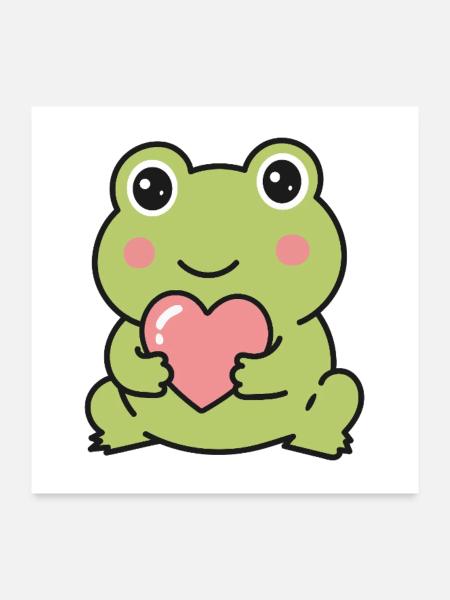 Süßer Kawaii-Frosch hält einen rosa Herzaufkleber - Poster 60x60 cm - Weiß - Vorne