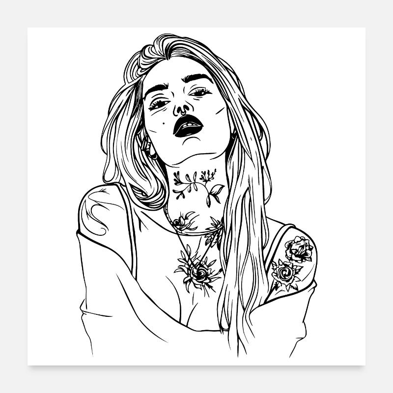 Tattoo Mädchen Linie Kunst Poster 60x60 cm