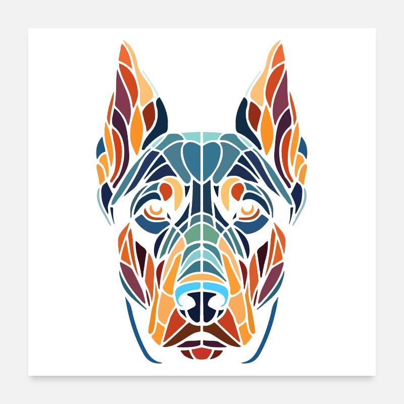 Dobermann Hund Kopf Farbe Geometrische Kunst Poster 60x60 cm