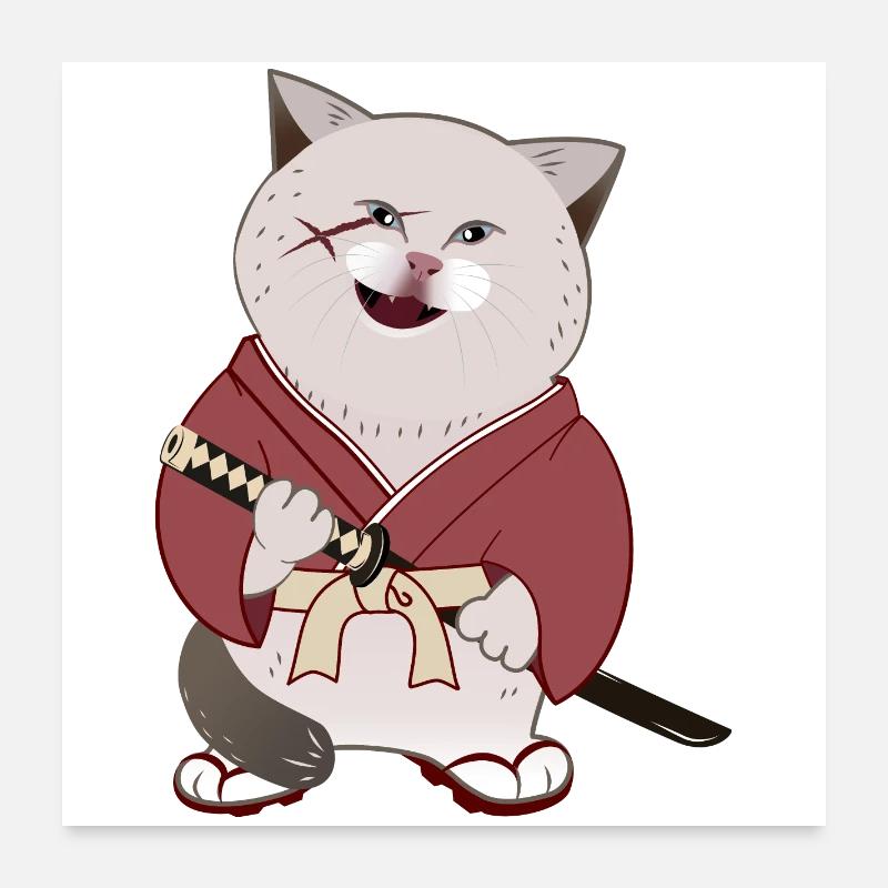 Cute Chubby Samurai Cat holding Katana Poster 24" x 24" (60x60 cm)