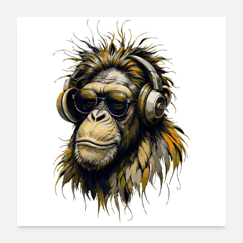 Singe cool avec des écouteurs Poster 60 x 60 cm