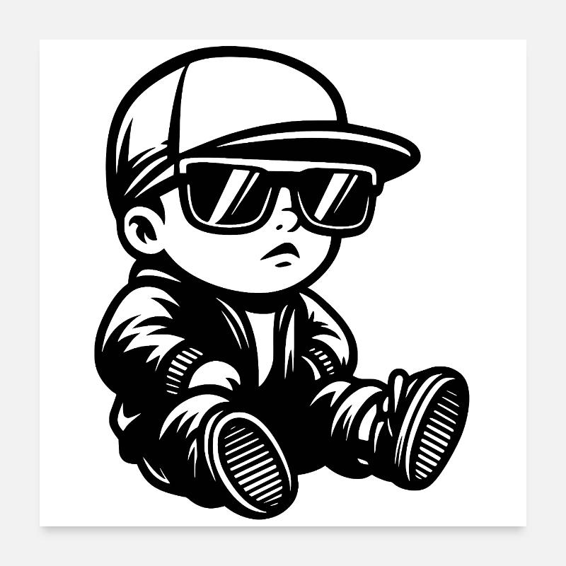 Bébé avec lunettes de soleil et casquette devant Poster 60 x 60 cm