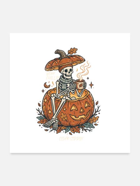 Gemütliches Halloween-Skelett im Kürbis - Poster 60x60 cm - Weiß - Vorne