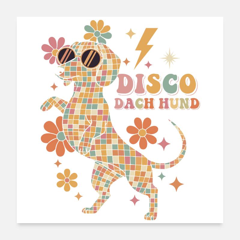 Techno Disco Dachshund Disco Ball Party Funny Poster 24" x 24" (60x60 cm)