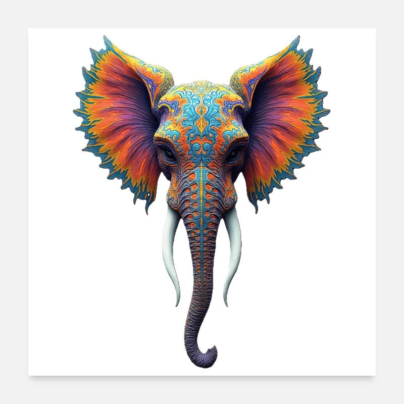 Tête d’éléphant arc-en-ciel ornée Poster 60 x 60 cm