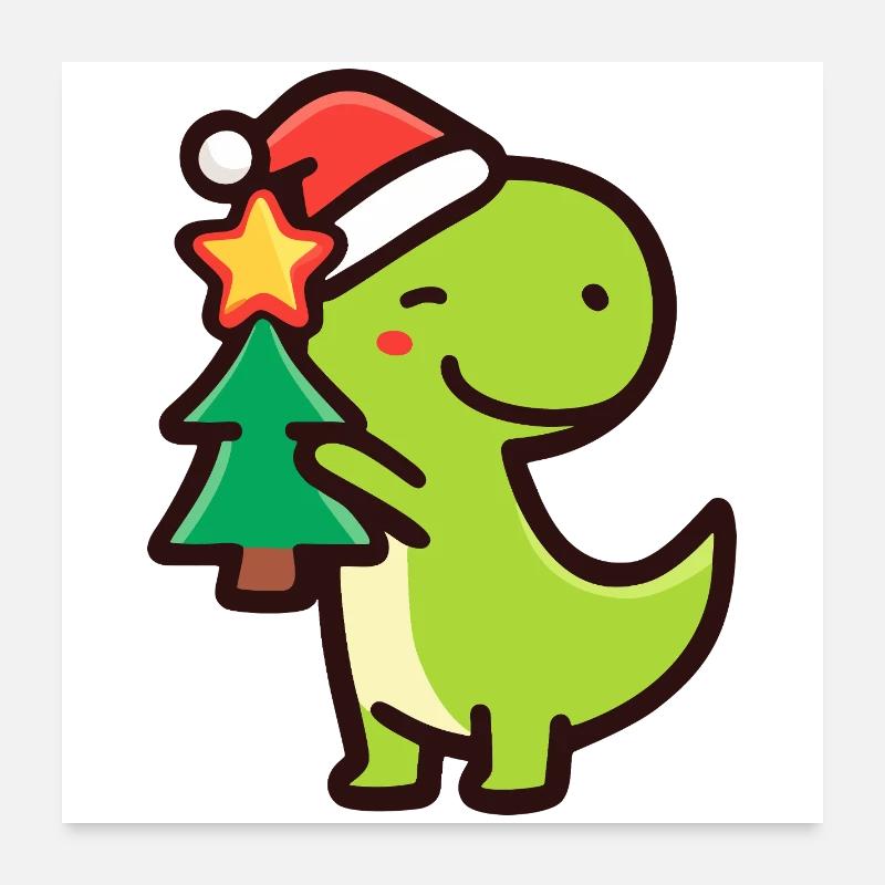 Kawaii Dino T-Rex with Christmas Tree Poster 24" x 24" (60x60 cm)