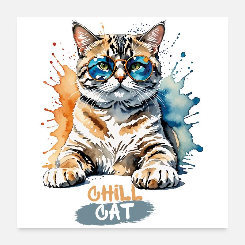 Chat frissonnant avec des lunettes de soleil Art de l’aquarelle Poster 60 x 60 cm