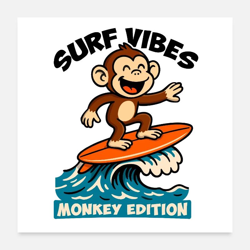 Surf Vibes, Monkey Edition. Glücklicher Surfaffe Poster 60x60 cm