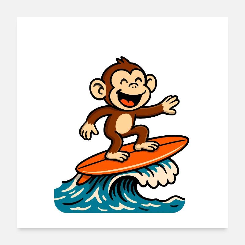 Surfing Monkey Cartoon – Sommer-Tropendesign Poster 60x60 cm