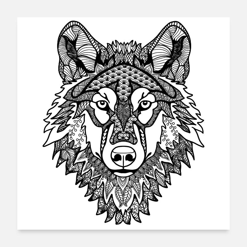 Mandala Loup - Poster 60 x 60 cm - blanc