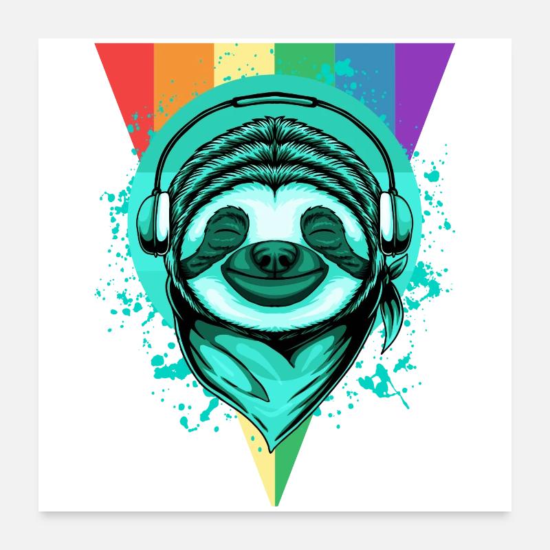 Faultier mit Kopfhörern & Regenbogen Poster 60x60 cm