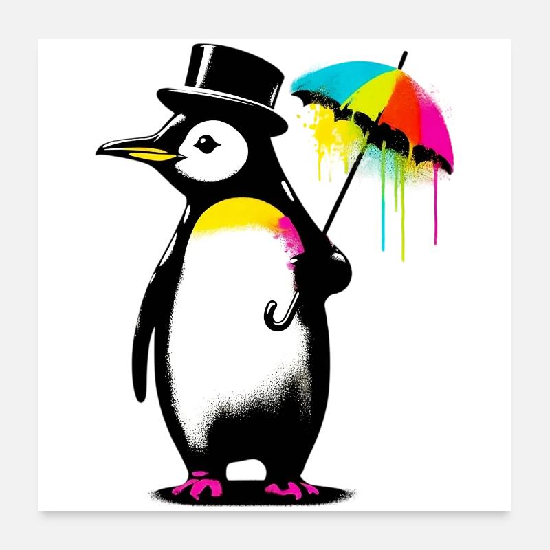 Penguin with hat and umbrella for rain Poster 24" x 24" (60x60 cm)