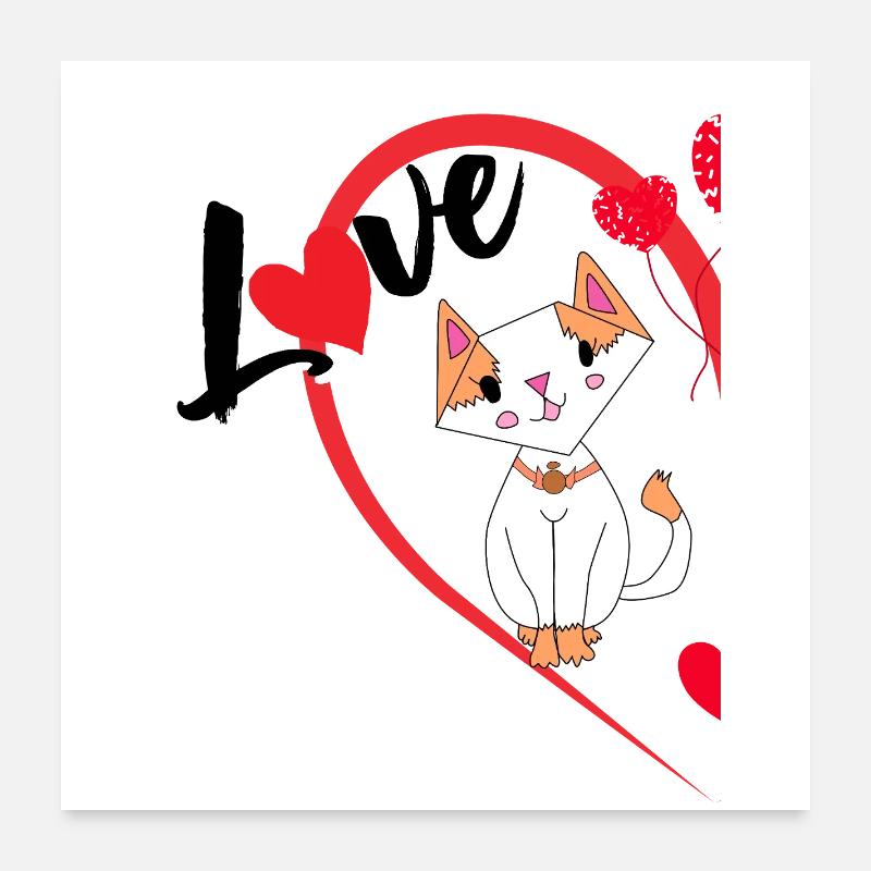 Chat avec l’inscription Love half of a heart - Poster 60 x 60 cm - blanc