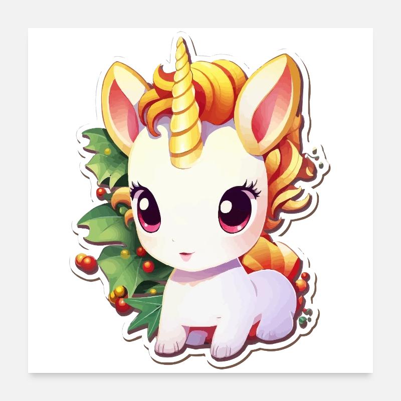 Licorne dans la forêt de fête avec du gui Poster 60 x 60 cm