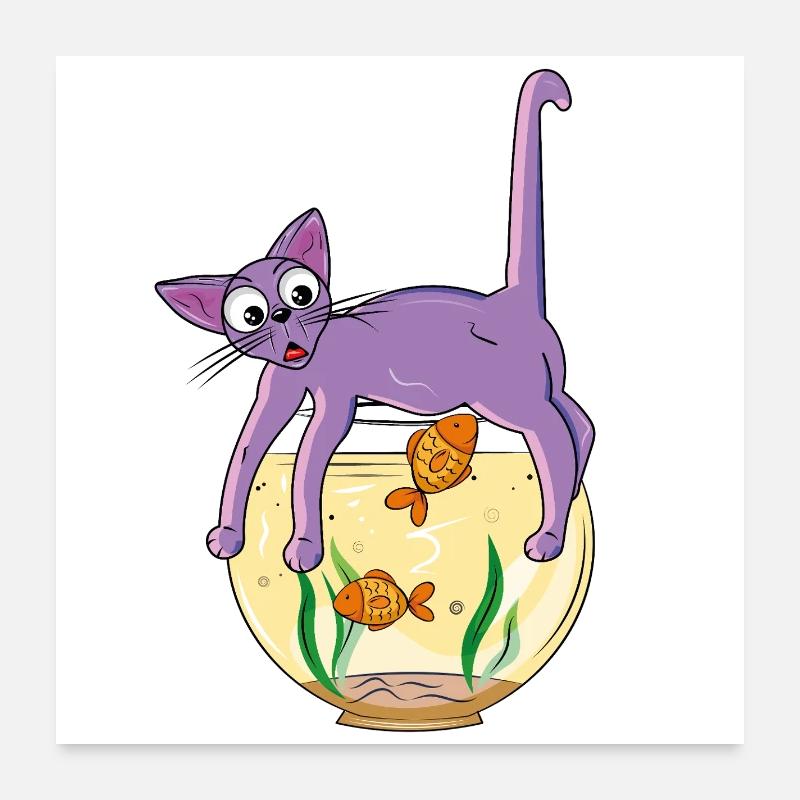Chat violet sur le bocal à poissons Poster 60 x 60 cm