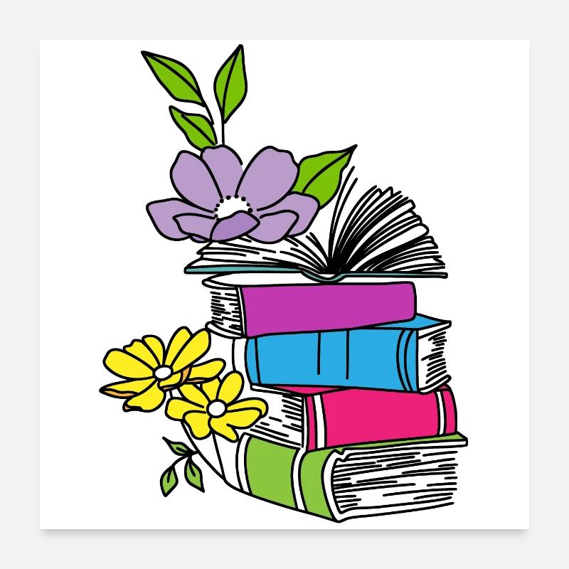 Livres avec des fleurs Poster 60 x 60 cm