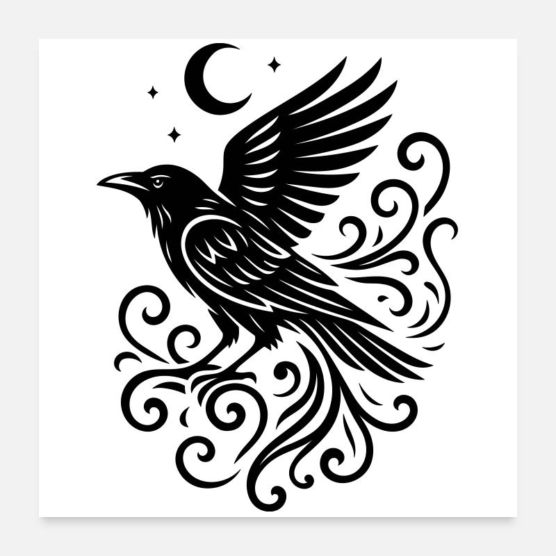 Rauhnächte Corbeau avec Lune et Étoiles Poster 60 x 60 cm