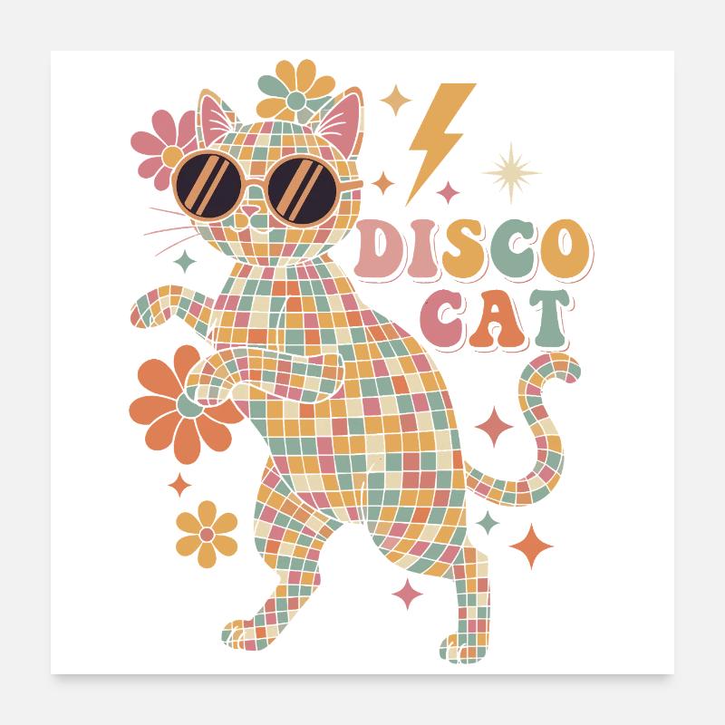 Techno Disco Katze Discokugel Party Lustig Poster 60x60 cm