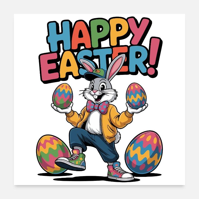 Osterhase Cartoon mit bunten Eiern Poster 60x60 cm
