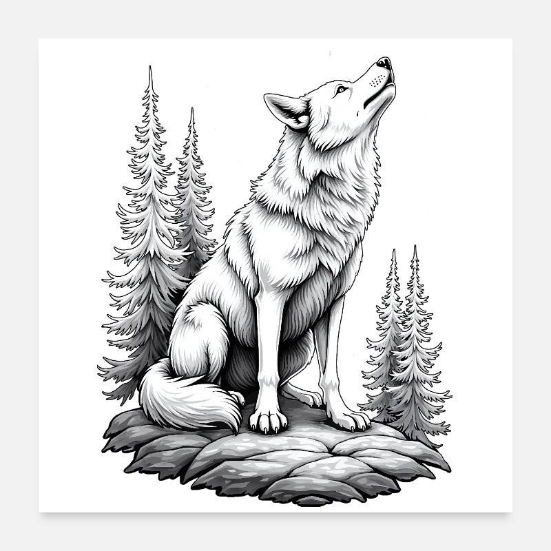 Wolf Rock Drawing Sketch Black White Poster 24" x 24" (60x60 cm)