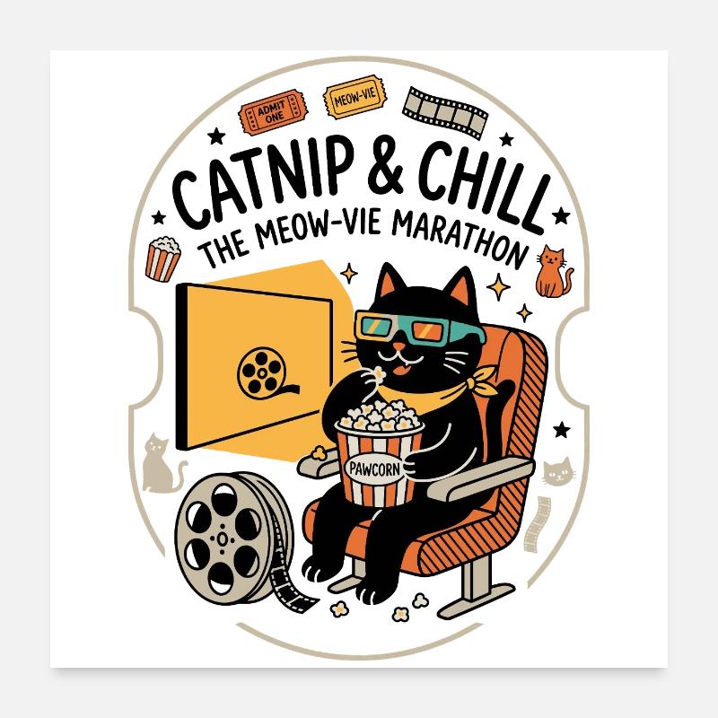 Cinéma Cat Popcorn 3D Look Poster 60 x 60 cm