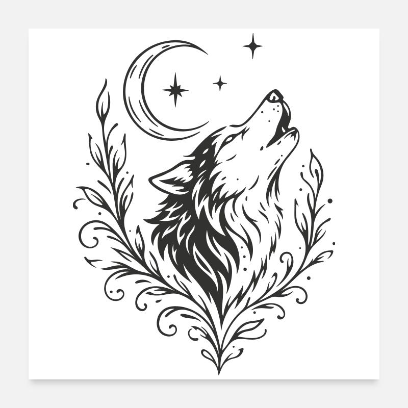 Wolf with Moon – Mystical Nature Motif Poster 24" x 24" (60x60 cm)