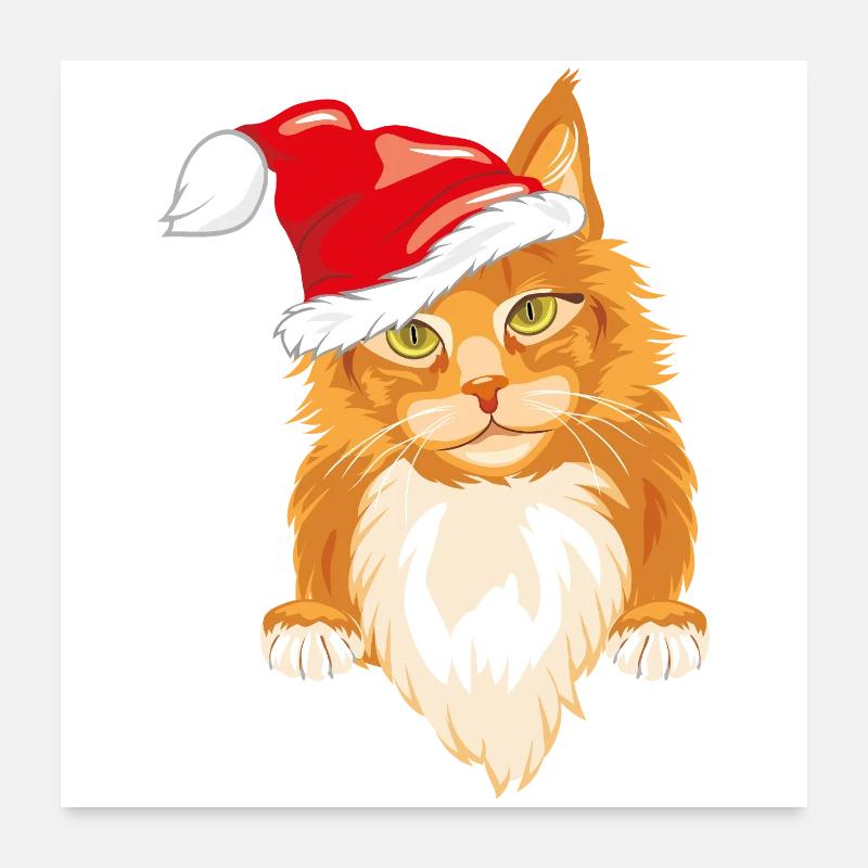 Chat roux adorable qui regarde avec un chapeau de Noël Poster 60 x 60 cm