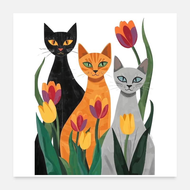 Three stylized cats: black, gray, orange Poster 24" x 24" (60x60 cm)